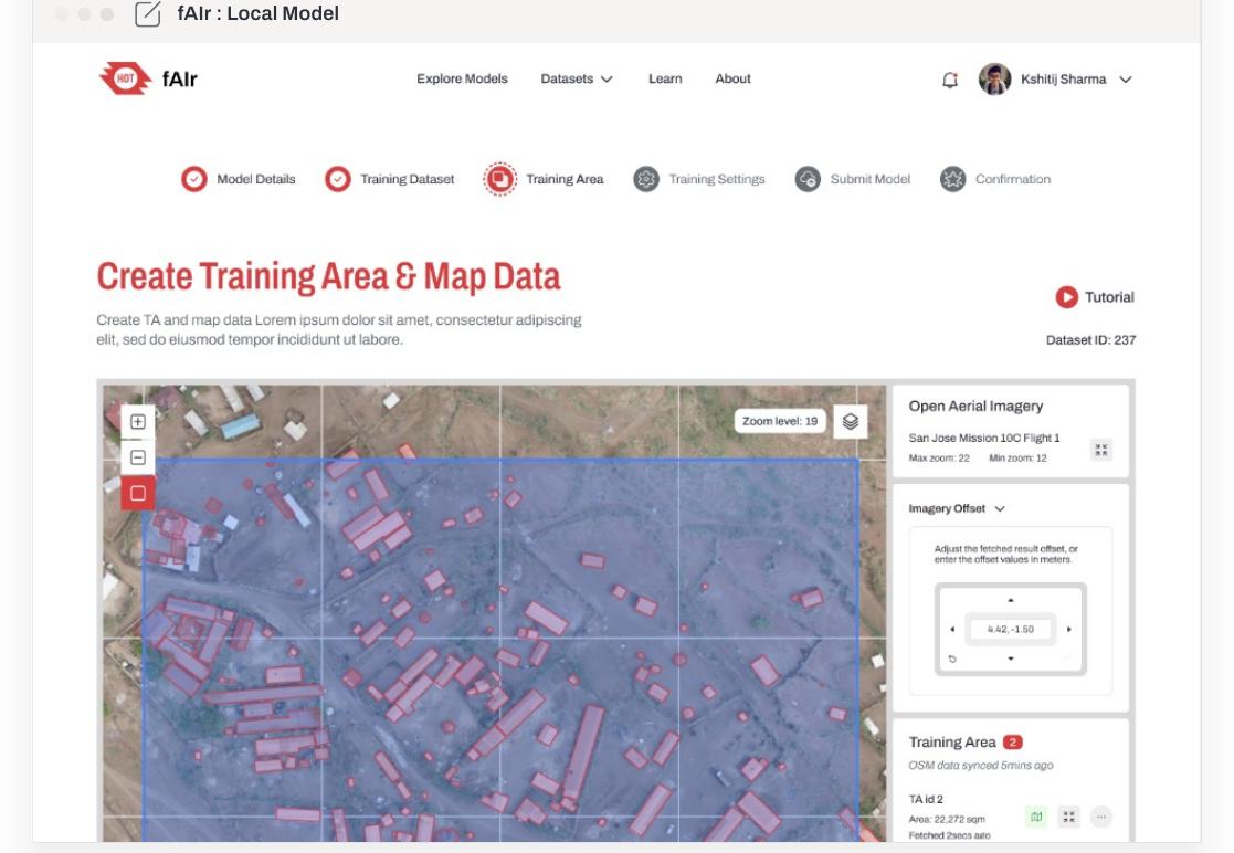The fAIr training-area screen, where an advanced user sets up an area and maps example data to fine-tune a model.