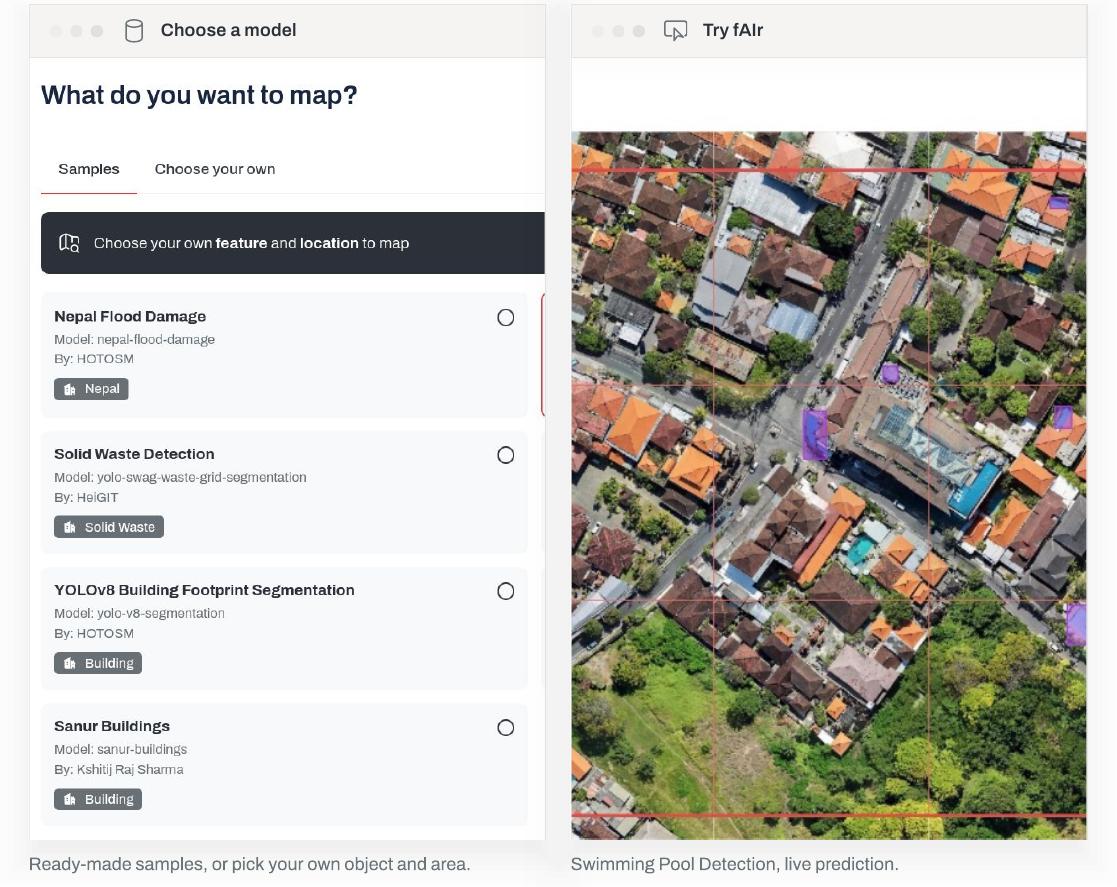 The fAIr interface running a swimming-pool detection model over aerial imagery, with a live prediction.