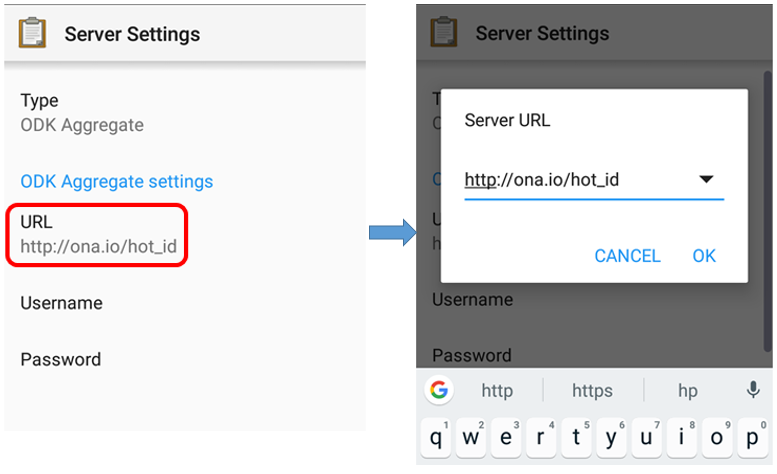 Step to fill the URL address in ODK Collect