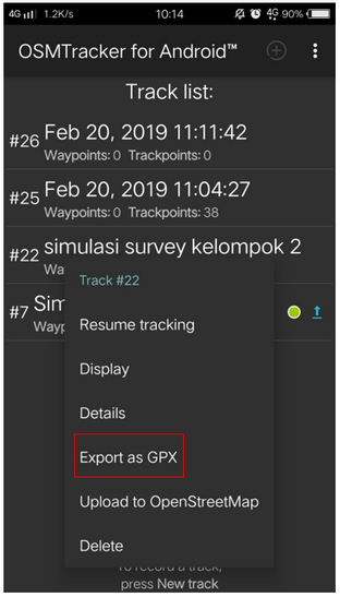 Menu to save your survey data into GPX