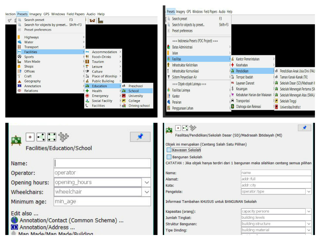 Default presets on JOSM (left) and customize presets (right)