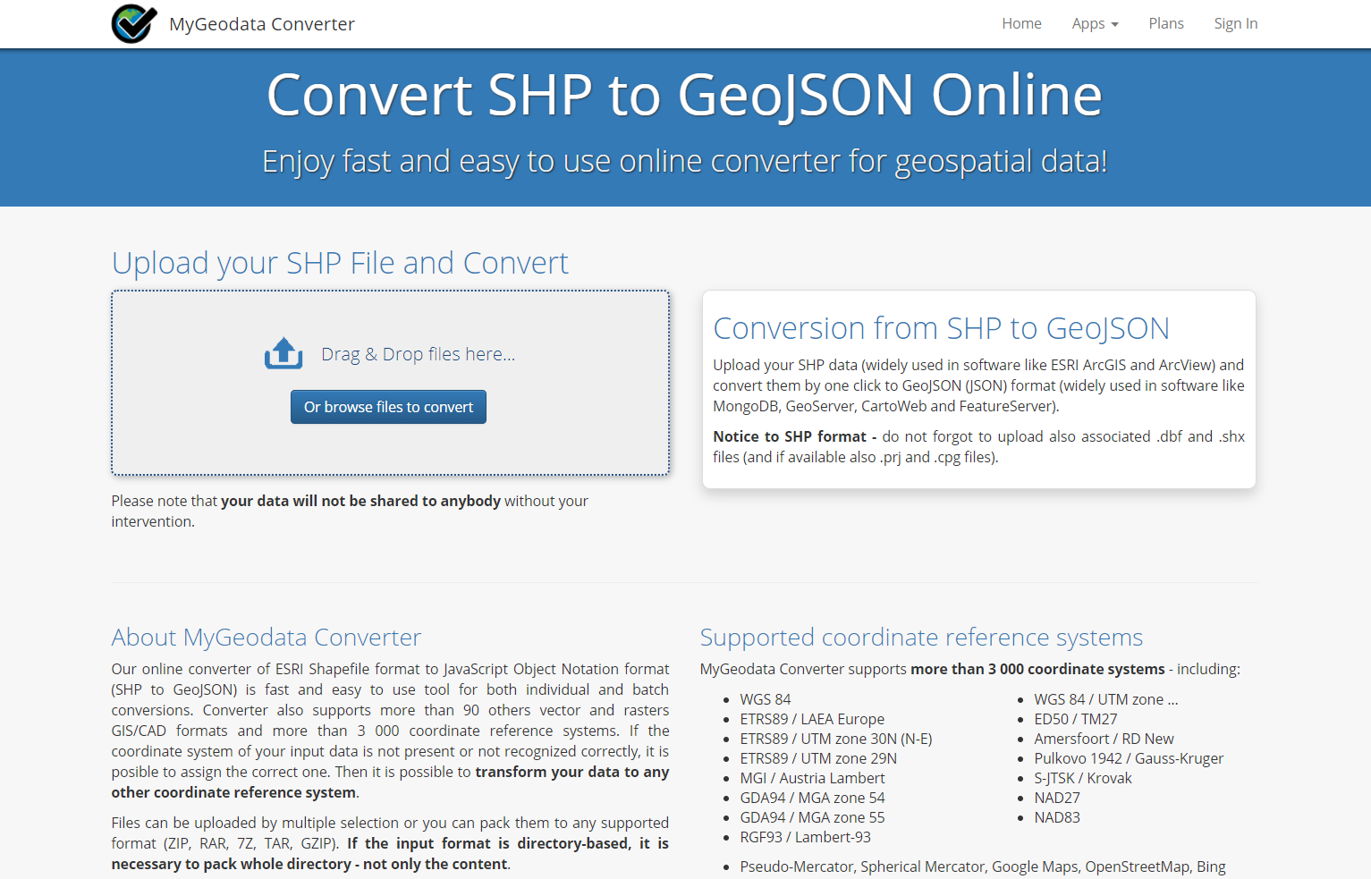 The display of MyGeoData Converter site