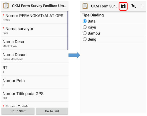 Tampilan formulir survei yang sudah diisi dan ikon untuk simpan perubahan formulir