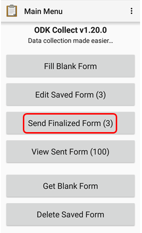 Pilihan Send Finalized Form untuk mengupload formulir survei ke server