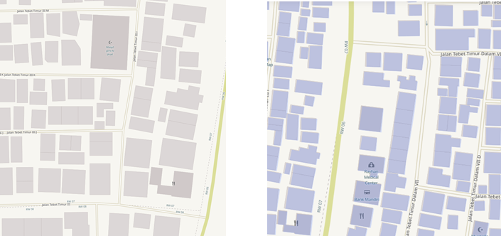 Warna bangunan pada basemap OSM kiri dan Warna bangunan hasil download kanan
