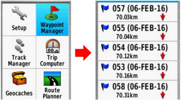 Tampilan daftar waypoint yang tersimpan pada GPS