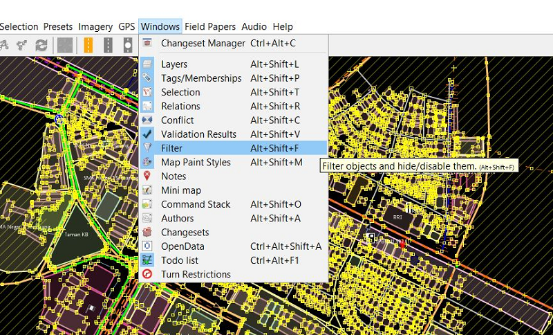 Langkah untuk melakukan filter data OpenStreetMap di JOSM