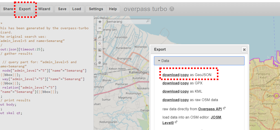 Pilihan export format data GeoJSON di Overpass Turbo